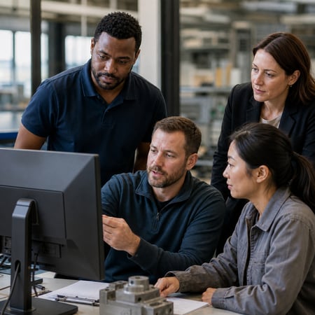 Cross Functional Team Reviewing ERP System on Computer Screen-1