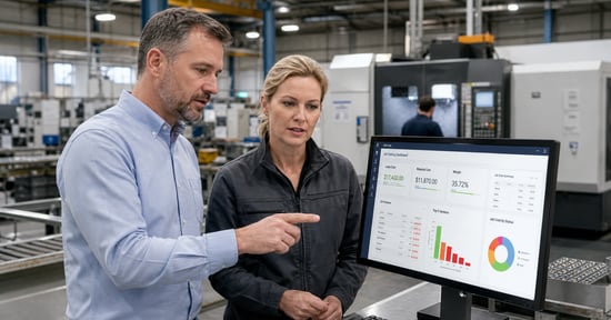 ERP Dashboard Business Meeting in Modern Manufacturing Plant