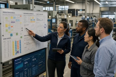 Leadership Reviewing Production Data on ERP Dashboard