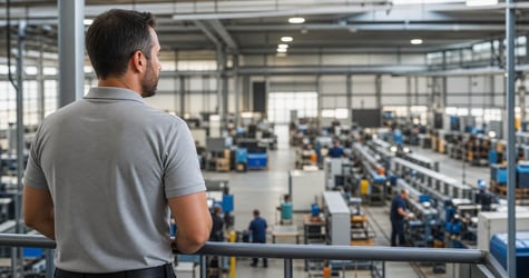 Man Overlooking Manufacturing Shop Floor