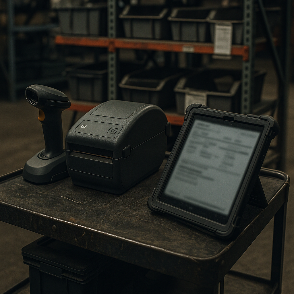 A closeup of a rugged shop floor workstation on a mobile cart with a barcode scanner label printer and a tablet in a protective case showing a blurred nonidentifiable work instruction screen angled away background shows racks with WIP bins and travel