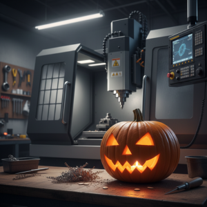 Pumpkin face next to CNC machine