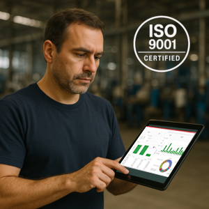 A manufacturing quality manager reviewing digital dashboards on a tablet in a factory setting