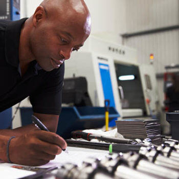 Man writing on paper looking at product