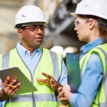 Two people in hardhats talking