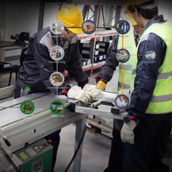 Men on machine shop floor with icon overlay