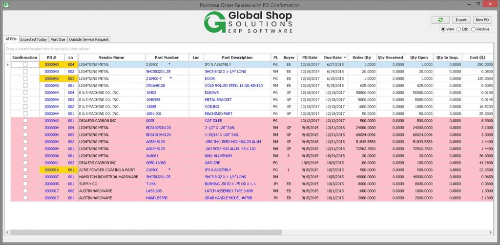 Screenshot of a Purchase Order Review Dashboard with PO Confirmation