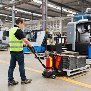 Man using hand-pulled pallet mover
