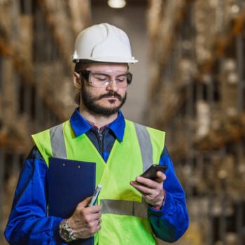 Man in hard hat looking a phone