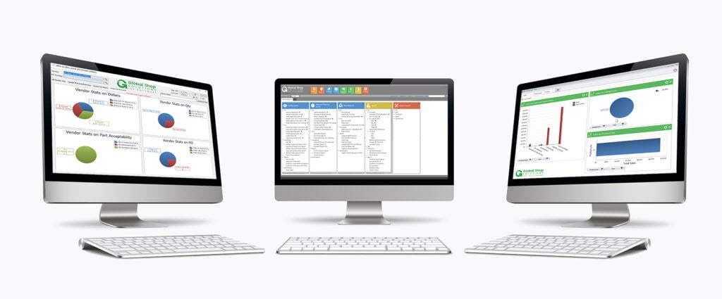Three desktop monitors with keyboards displaying ERP software screens