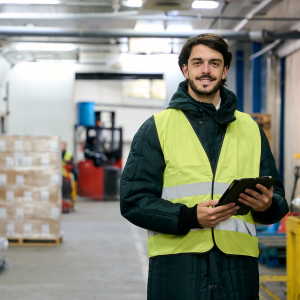 Warehouse worker checking inventory on digital tablet