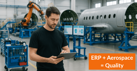 Shop floor technician using a tablet with “ERP + Aerospace = Quality” text overlay