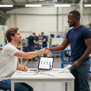 Two men shaking hands on manufacturing shop floor