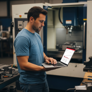 Male CNC machinist looking at analytics dashboard on laptop