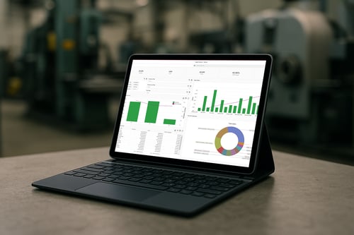 Black digital tablet showing an analytics dashboard on the screen