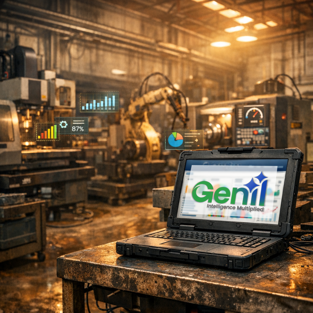 laptop on a shop floor showing charts floating over machines and the genii logo on the laptop