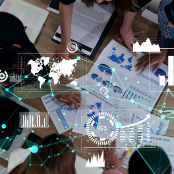 Group of working discussing a decision with pop-up overlays of maps and charts
