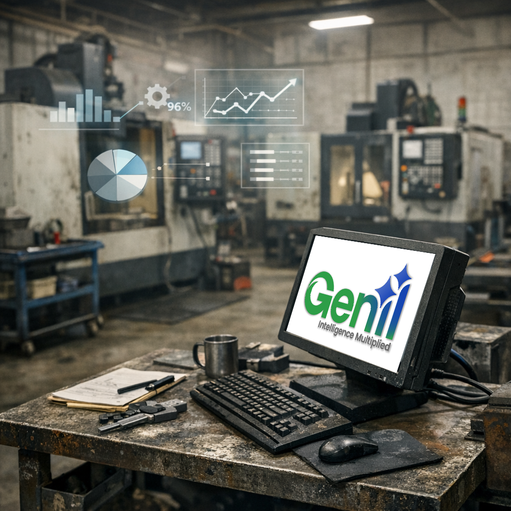 Square gritty manufacturing shop floor with two CNC machines in the background and a rugged workstation on a side table
