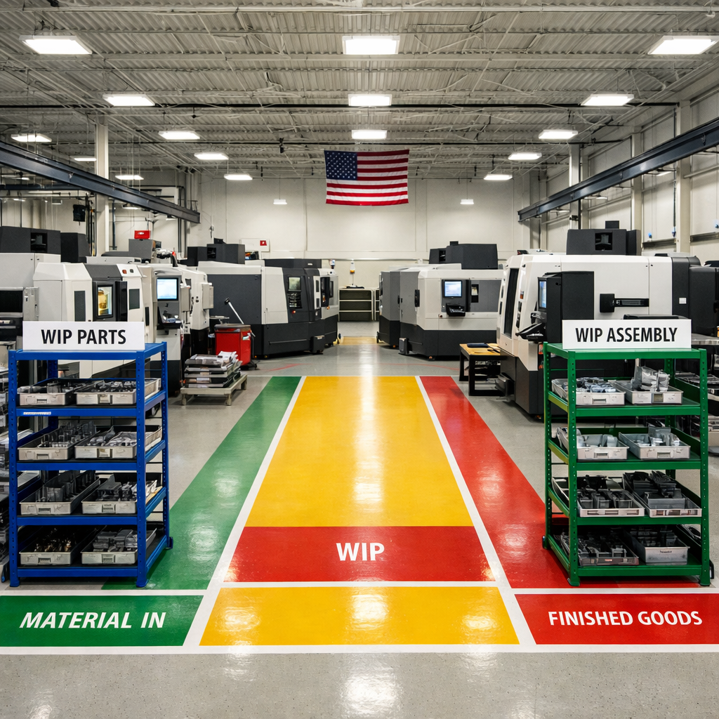 Pristine High Mix Job Shop Floor with CNC Machines and Kanban Lanes