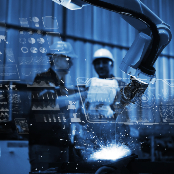 2 people on a manufacturing shop with a robot arm and icon overlays it
