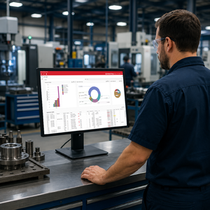 Man on a shop floor observing a data Dashboard on a monitor