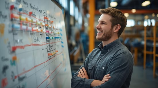 Man looking at whiteboard scheduling board
