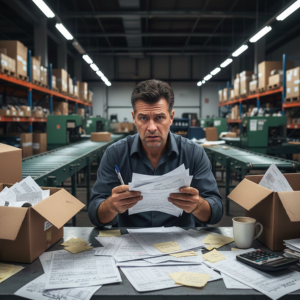 Stressed out worker using paper to track inventory