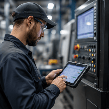 man checking shop data on a tablet
