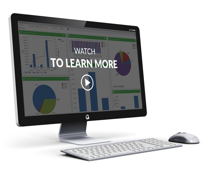 desktop and keyboard showing ERP dashboard screen with watch to learn more video title and play button overlay