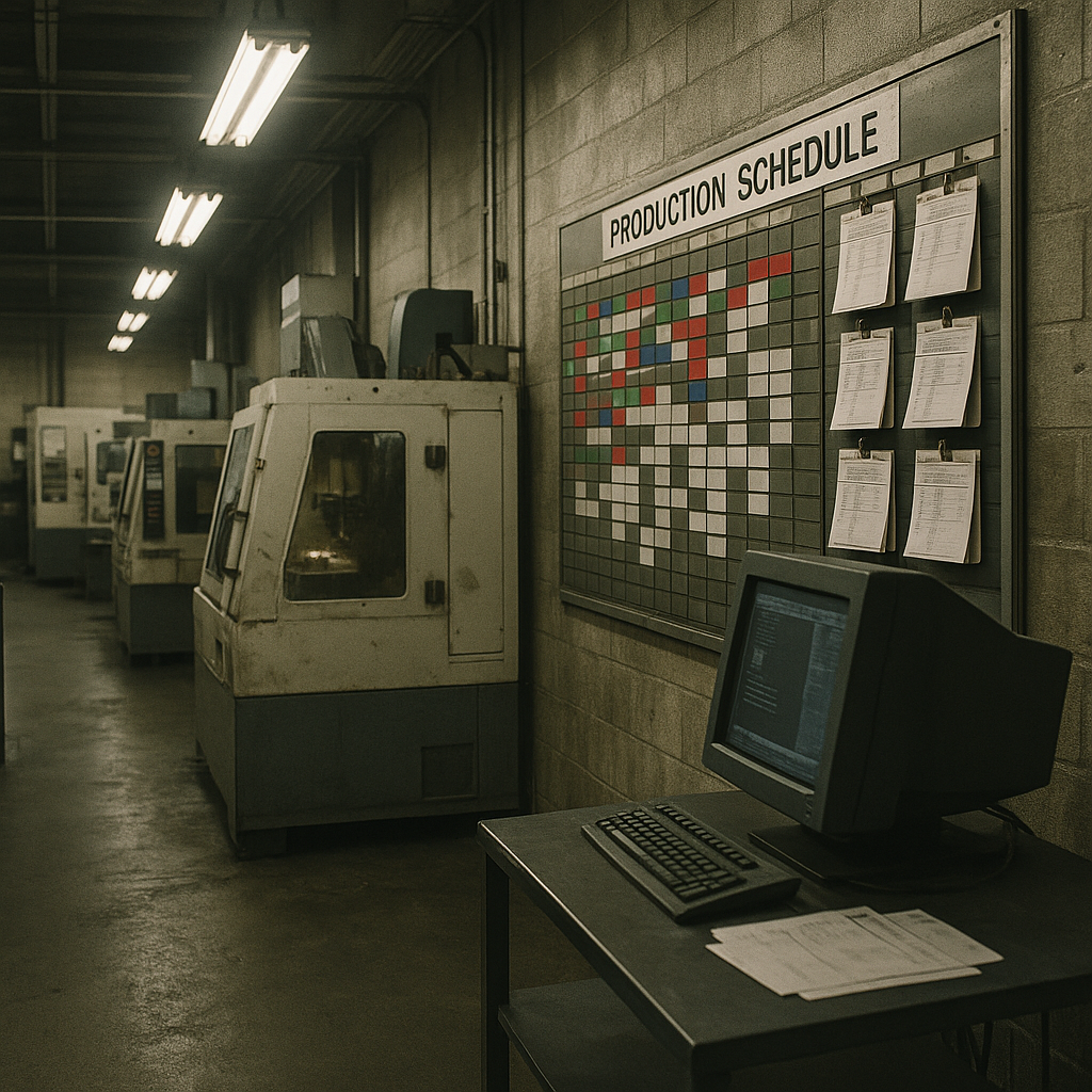 machine shop with scheduling on a cork board