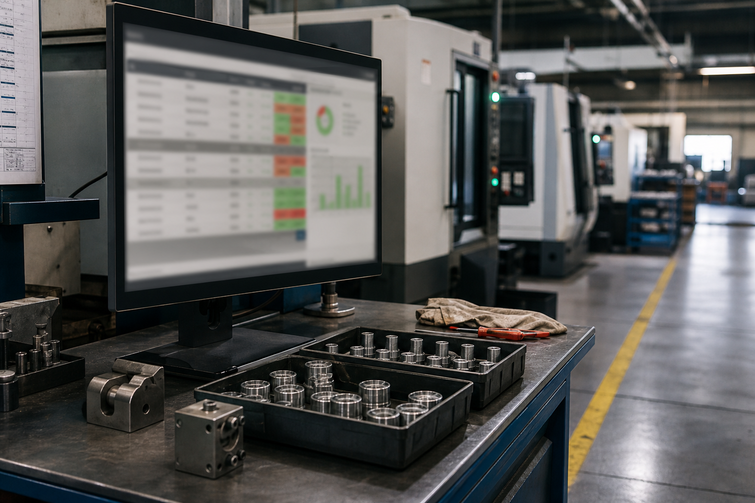 machine shop floor with parts on a table and erp software on the monitor
