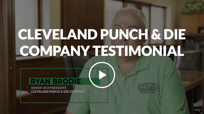 Video screenshot with thext Cleveland Punch & Die Testimonial along with video play button on top