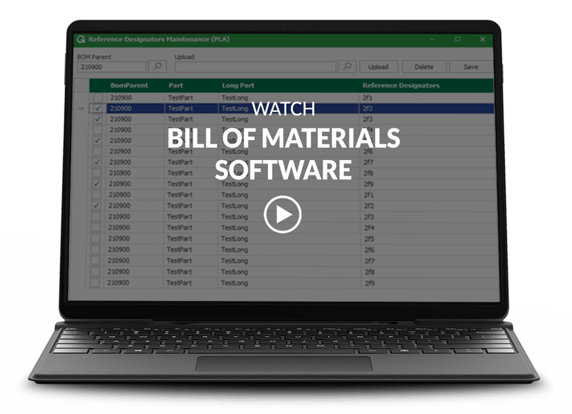 BOM software screen on laptop with video title and play button on top