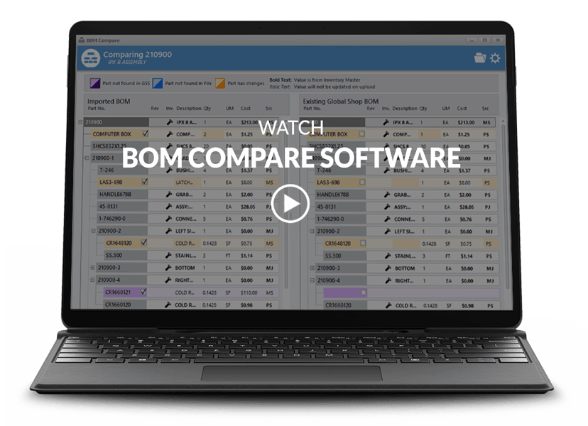 laptop showing BOM compare screen with video title and play button overlay