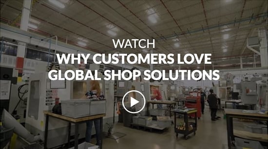 Video screenshot with the text Why customers love Global Shop Solutions along with a video play button on top