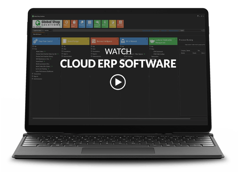 Laptop with ERP main menu screen with video title and play button on top