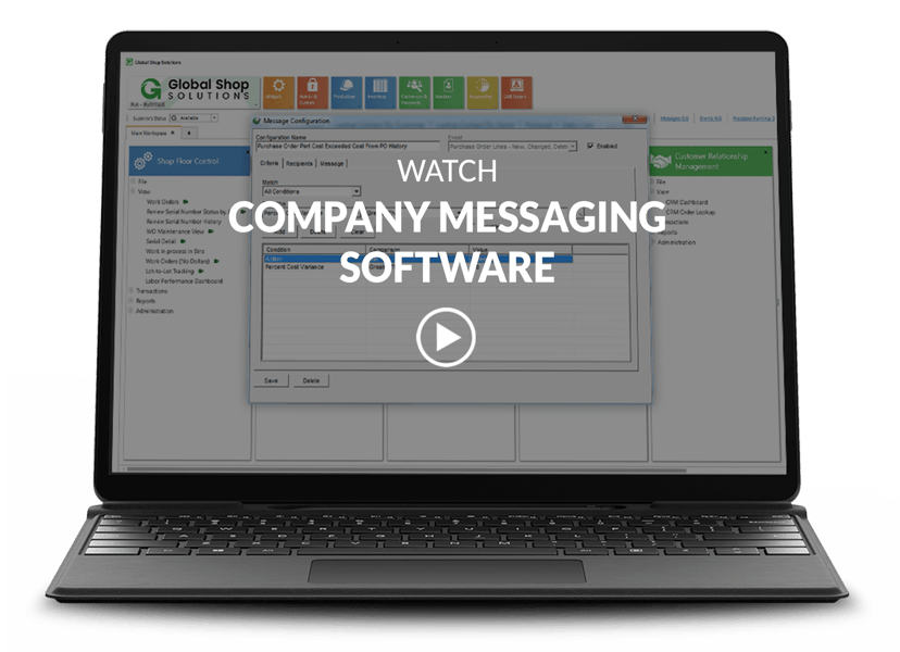 laptop showing company messaging screen with video title and play button overlay