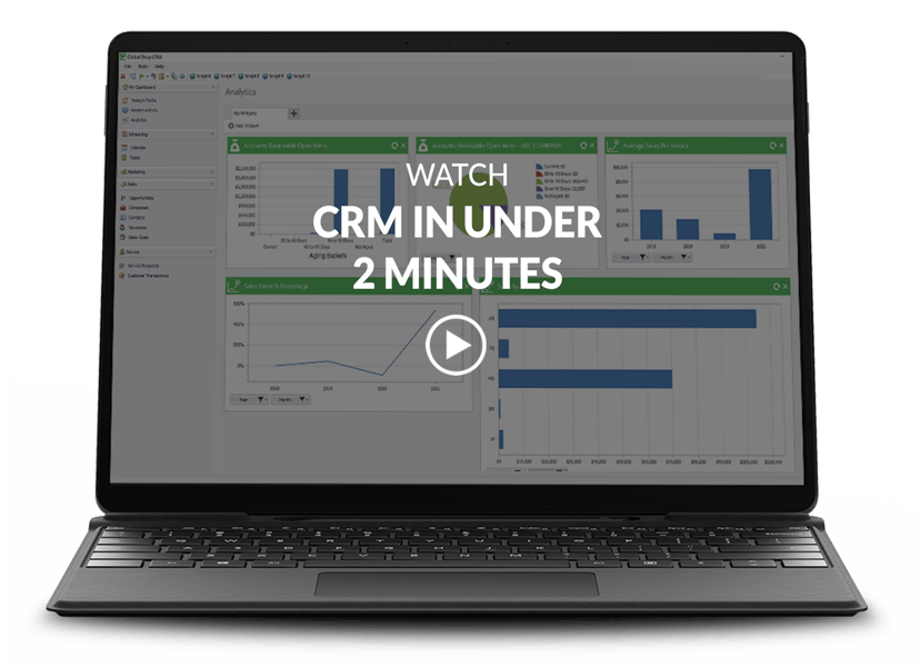 laptop with CRM software on the screen along with vieo title and play button on top
