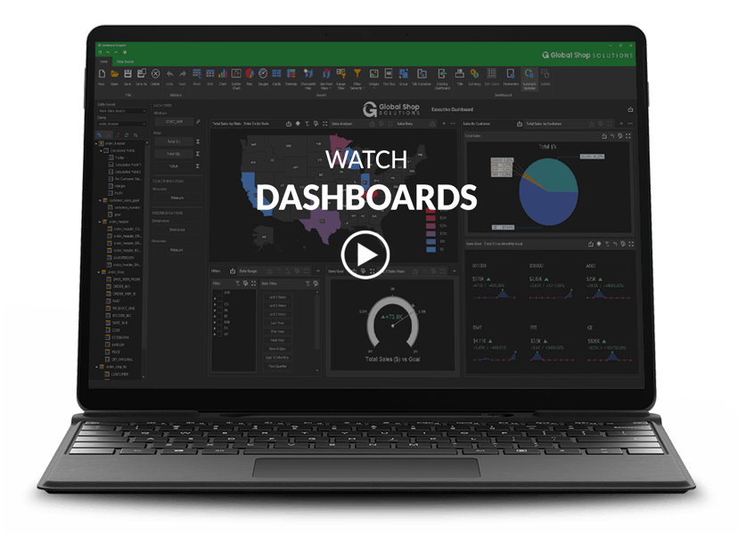 laptop with Dashboard on the screen along with video text and play button on top