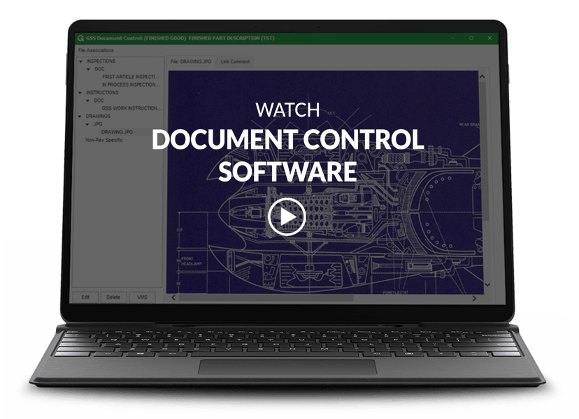 laptop showing document control screen with video title and play button overlay