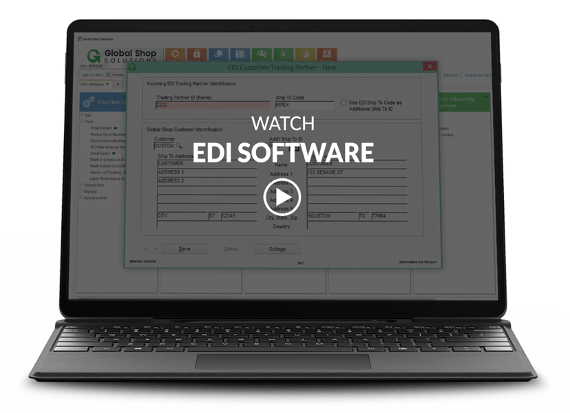 laptop showing EDI software screen with video title and play button overlay