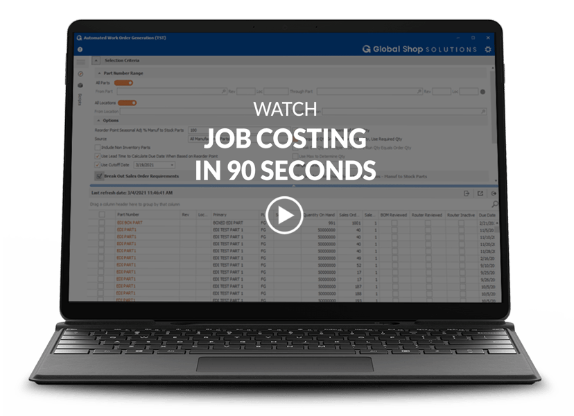 laptop showing job costing accounting screen with video title and play button overlay
