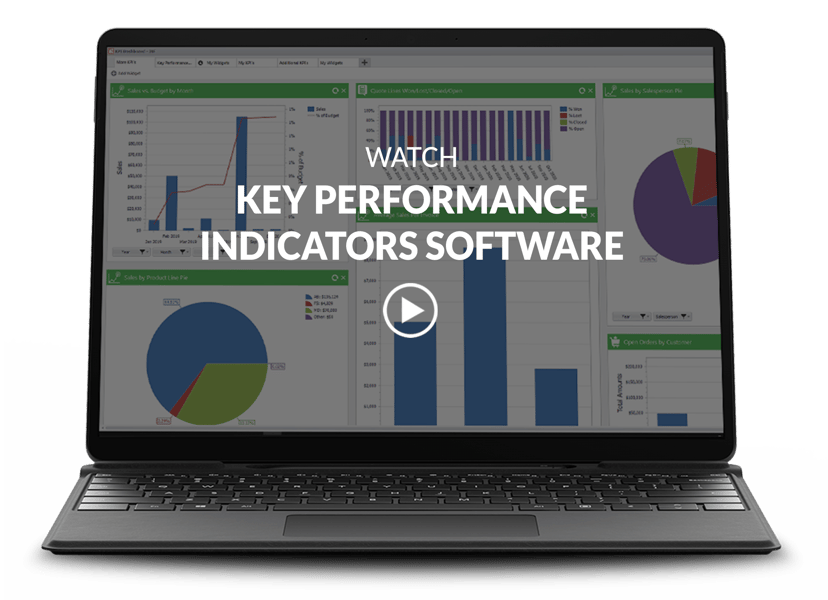 laptop showing Key Performance Indicators screen with video title and play button overlay