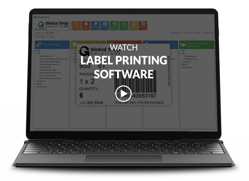 Laptop showing ERP label printing software screen with video title and play button on top