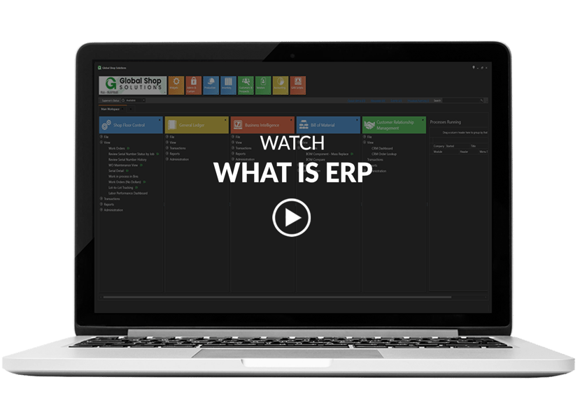 laptop showing ERP main menu screen with what is ERP video title and play button overlay