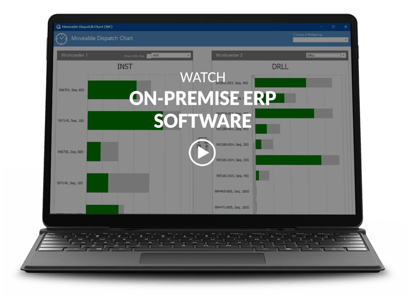 On-Premise ERP Software screen on a laptop with video title and play button on top