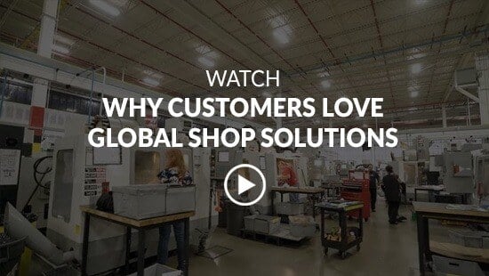 Video screenshot with text of Why Customers love Global Shop Solutions along with a video play button on top