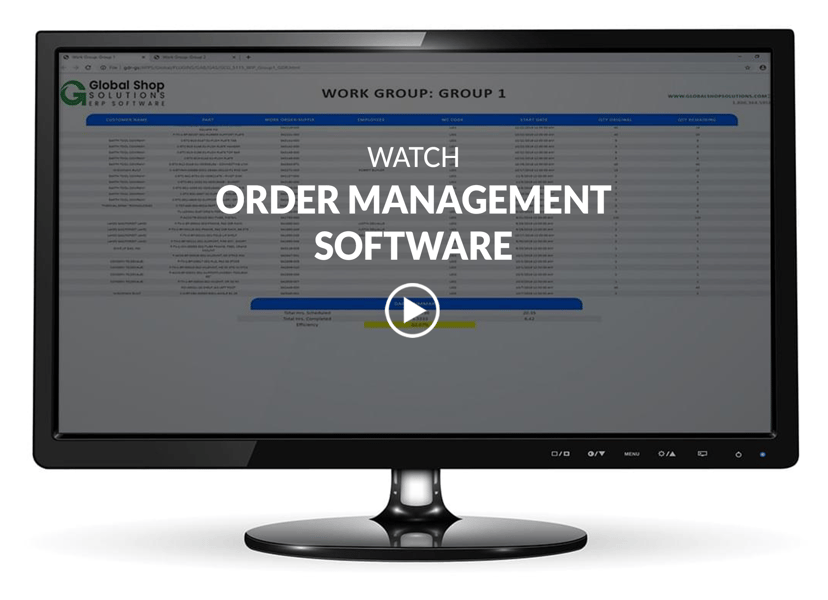 computer monitor showing order management screen with video title and play button overlay