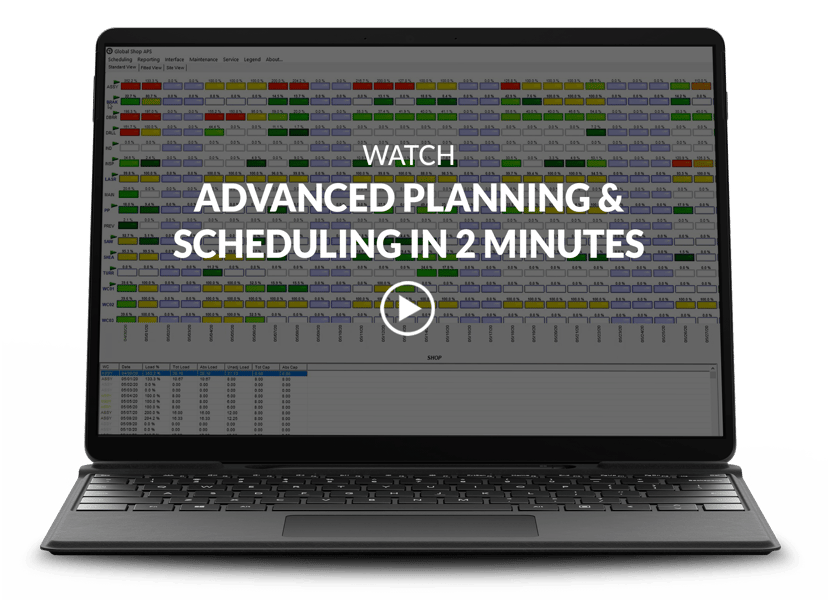 a laptop showing planning & scheduling software screen with a video play button on top