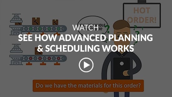 Animated manufacturing shop with video play button and video title overlay